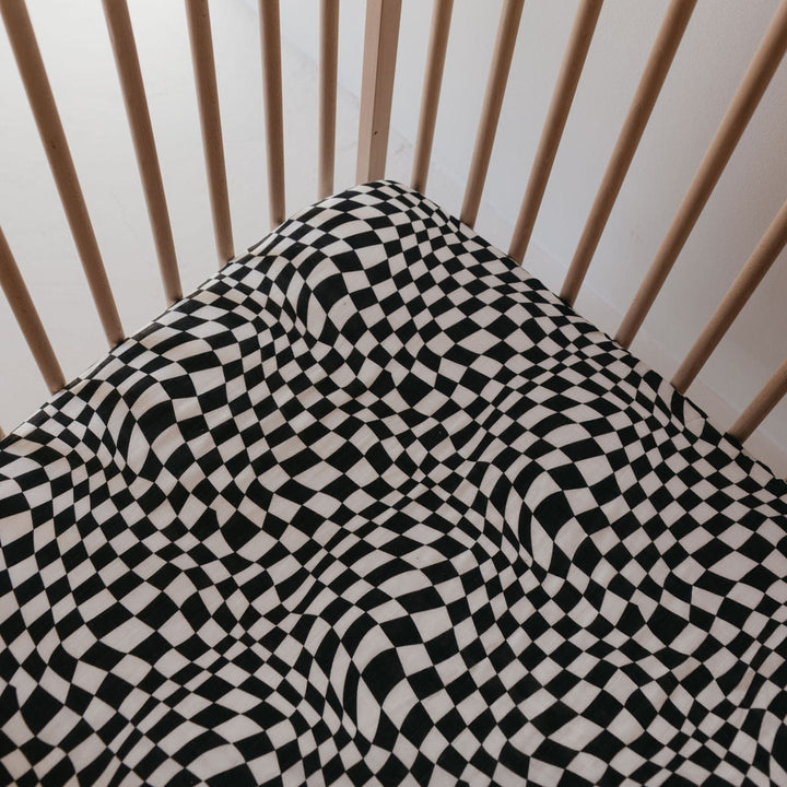 Black & White Wavy Checkerboard Muslin Crib Sheet