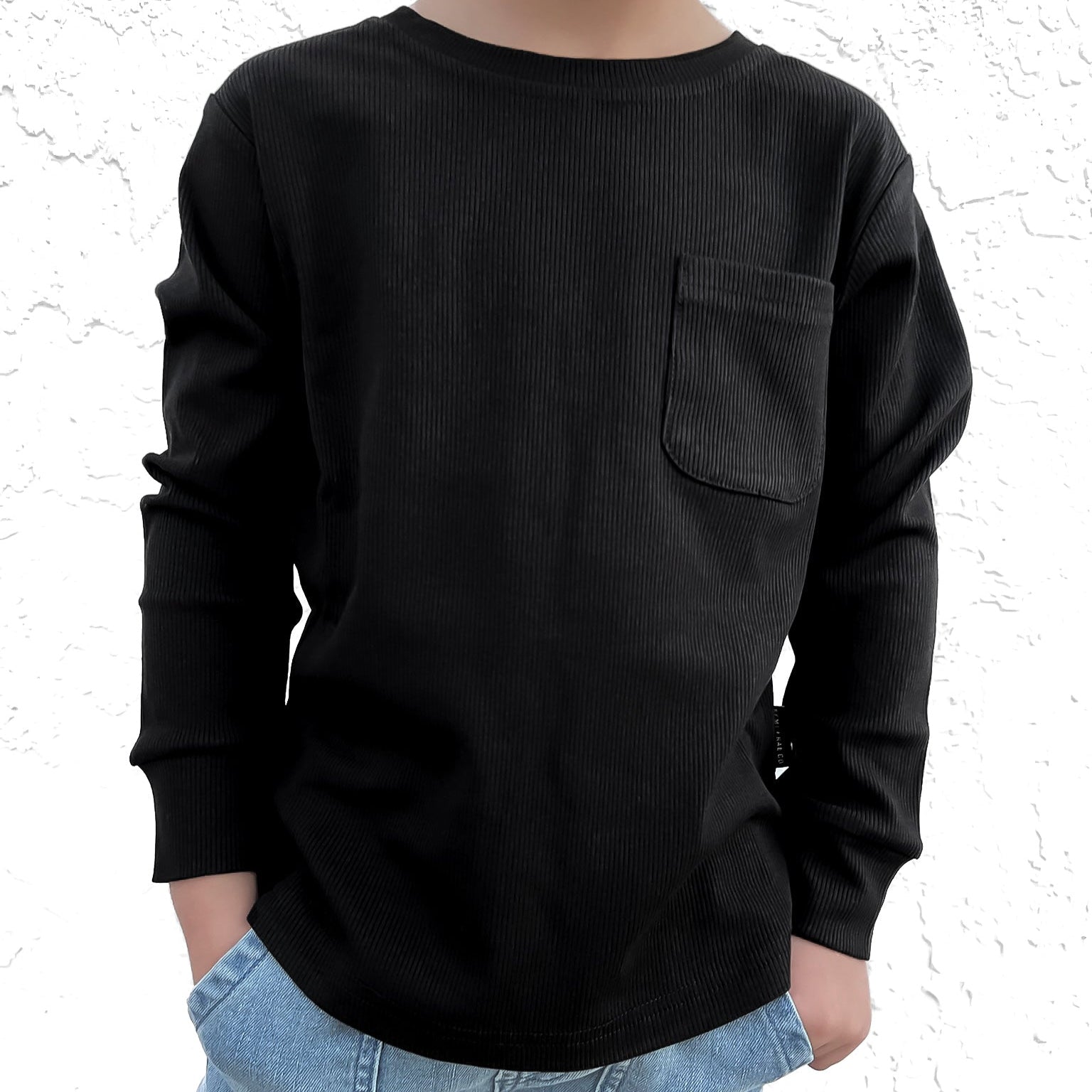 Ribbed Long Sleeve Pocket Tee - Black