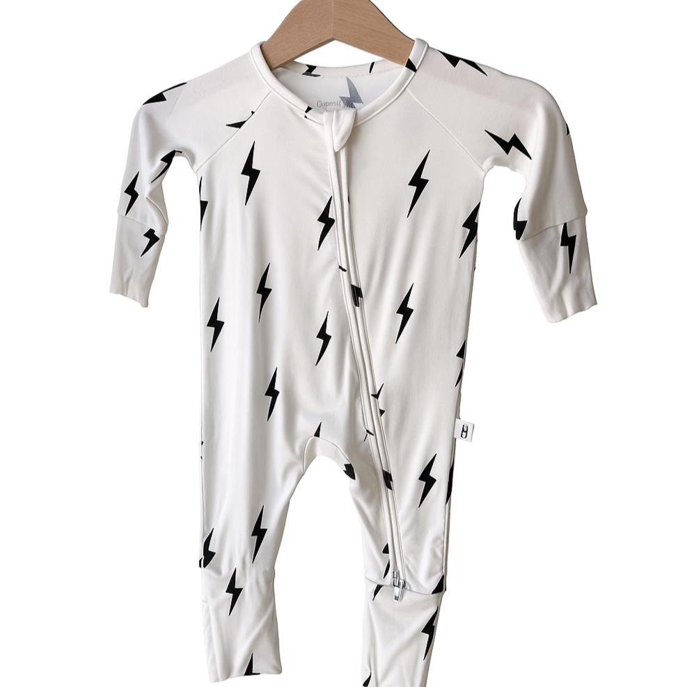 White & Black Lightning Bolt Zip Bamboo Pajamas
