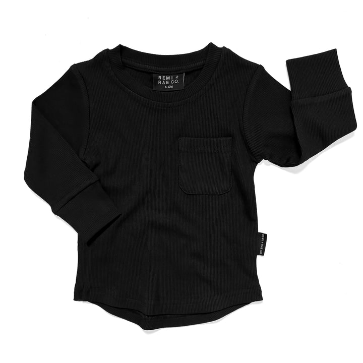 Ribbed Long Sleeve Pocket Tee - Black