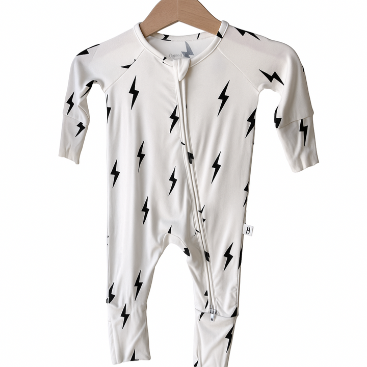 White & Black Lightning Bolt Zip Bamboo Pajamas