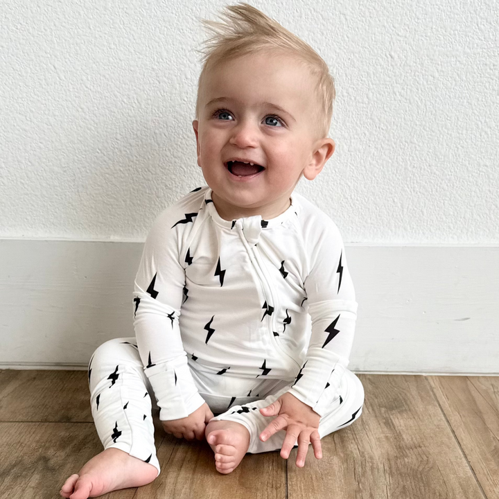 White & Black Lightning Bolt Zip Bamboo Pajamas